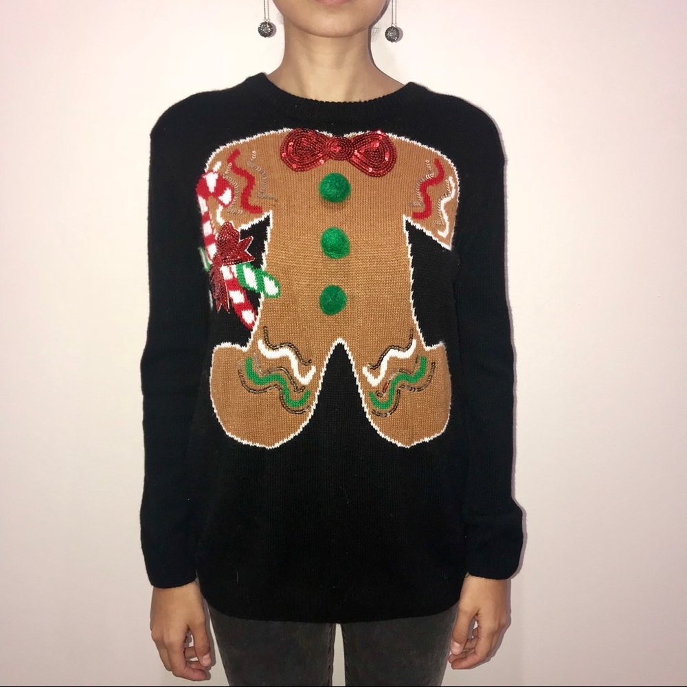 Ginger Bread Doll Sequin Christmas Holiday Sweater